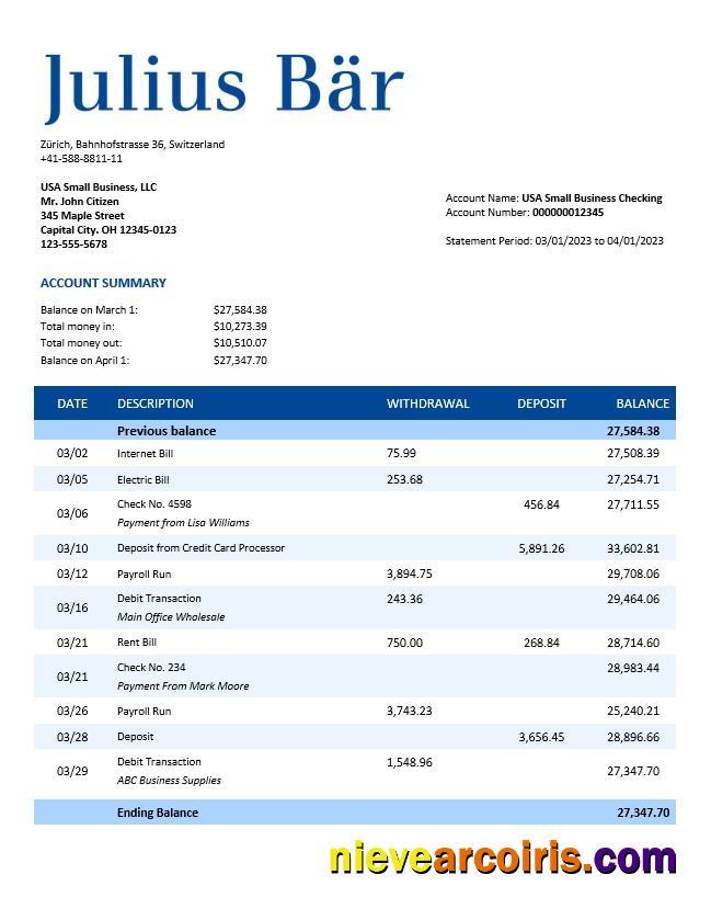 Julius Baer Bank company statement